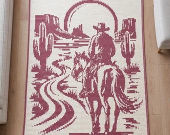 Ridande cowboy western överlägg mosaikfilt PDF-mönster | Ökensolnedgångsdekor