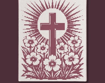Christian Cross & Flowers Overlay Mosaic Blanket PDF Pattern | Religious Crochet Decor