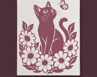 Mosaikfilt med svart katt, fjäril och prästkragar i PDF-mönster | Blommig kattdekoration