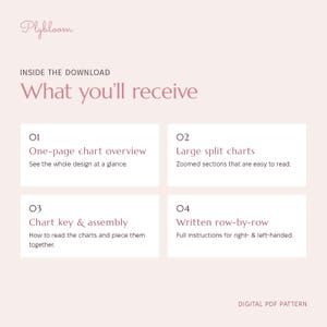 May include: A digital PDF pattern information sheet with a light pink background and dark pink text. It lists four items: a one-page chart overview, large split charts, a chart key and assembly guide, and written row-by-row instructions.