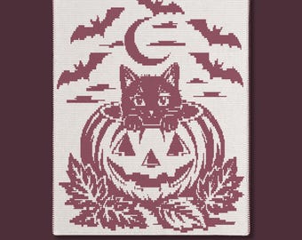 Mönster för virkad filt med mosaiköverlägg till Halloween-katt i pumpa (PDF)
