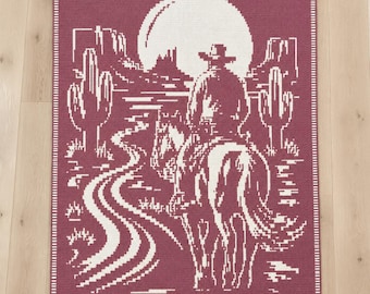 Virkad filt med mosaik och cowboymotiv i PDF-format | Western Horseback Scene