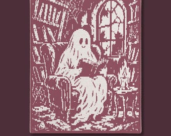 Virkad filt med spökläsningsbok i PDF-mönster | Spöklik gotisk Halloweendekoration