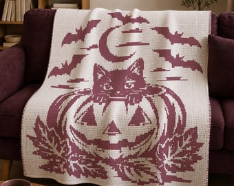 Mönster för virkad filt med mosaiköverlägg till Halloween-katt i pumpa (PDF)