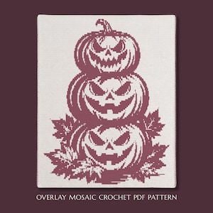 May include: A rectangular crochet pattern document featuring a dark maroon graphic of three stacked jack-o'-lanterns surrounded by autumn leaves on a white background. The text at the bottom reads OVERLAY MOSAIC CROCHET PDF PATTERN.