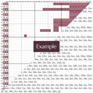 May include: A crochet pattern chart featuring a grid with numbered rows from 30 to 62 and columns 169 to 200. The chart includes mauve-colored squares, white cells, and text instructions for stitches like sc and dc, with a central box labeled Example.