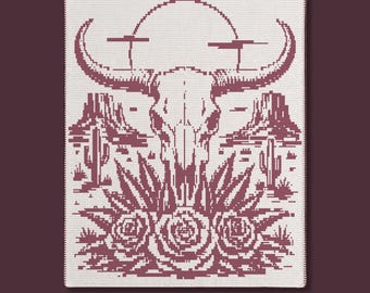 Långhornsskalle Western Overlay Mosaic Filt PDF Mönster | Boho Cowboy Decor
