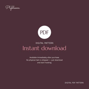 May include: A dark maroon digital graphic featuring the white text Plybloom in the top left corner. A central white circle contains the black text PDF. Below this, the text reads DIGITAL PATTERN, Instant download, and further descriptive text.