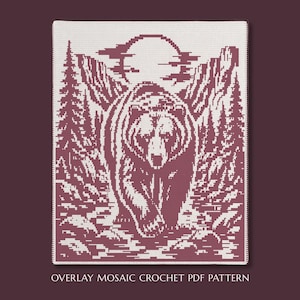 May include: A rectangular crochet blanket featuring a two-tone pixelated design in dark maroon and white. The graphic depicts a bear walking through a forest with mountains and a large circular moon in the background. Text reads OVERLAY MOSAIC CROCHET PDF PATTERN.
