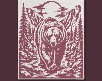Grizzlybjörn i bergsvildmark Mosaikfilt PDF-mönster | Wilderness Cabin Decor
