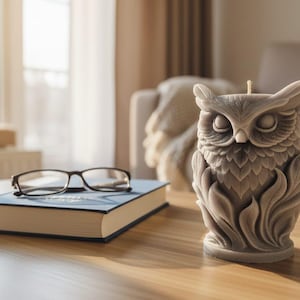 Può includere: Una candela decorativa a forma di gufo, nei toni del grigio, è appoggiata su un tavolo di legno. Un paio di occhiali poggia su un libro blu. La candela presenta dettagliati disegni di piume e ali. La scena è in una stanza luminosa.
