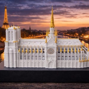 Könnte beinhalten: Ein detailliertes weißes Modell der Kathedrale Notre-Dame mit goldenen Akzenten, vor einer Abenddämmerungs-Stadtlandschaft mit dem Eiffelturm. Das Modell steht auf einem schwarzen Sockel.