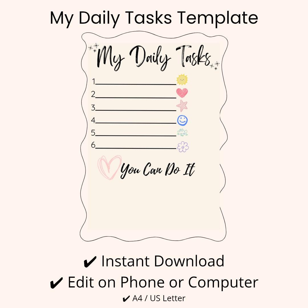 My Daily Tasks Template | Kids Task List | Editable Canva | Printable ...