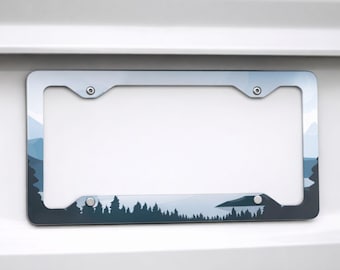 Marco para matrícula con paisaje de montaña: marco para coche con paisajes naturales, accesorio estándar de EE. UU., regalo para aventuras al aire libre