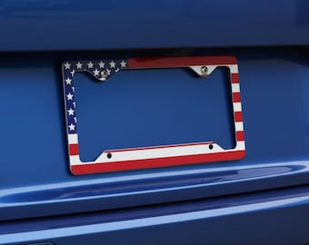 USA Flag License Plate Frame, American Flag Car Tag Holder, Patriotic Car Accessory, Red White Blue Auto Frame, Gift for Him Her