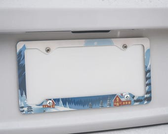 Winter Cabin License Plate Frame, Snowy Mountain Car Accessory, Cozy Holiday Car Decor, Cute Winter Plate Cover, Gift for Drivers