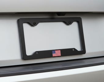 Minimalist License Plate Frame with USA Flag, Glossy Black Car Tag Holder, American Flag Auto Frame, Clean Modern Vehicle Accessory Gift