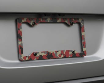 Red Camouflage License Plate Frame, Camo Car Tag Holder, Military Style Plate Frame, Truck SUV Auto Accessory, Outdoor Driver Gift