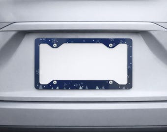 Marco para matrícula con copos de nieve invernales, marco para placa de coche con diseño de bosque de pinos, accesorio azul para coche, regalo para conductores.
