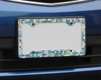 Marco de matrícula de mosaico colorido, soporte para placa de coche con azulejos pastel, accesorio moderno para coche, regalo para ella o para él, decoración bohemia para coche.
