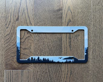 Mountain Forest License Plate Frame, Nature Car Tag Frame, Scenic Lake Adventure Auto Accessory, Camping Gift for Outdoor Lovers