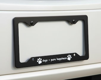 Marco para matrícula "Perros = Pura Felicidad": Marco para coche con una adorable huella de perro, regalo para amantes de las mascotas, portaplacas con frase divertida sobre perros