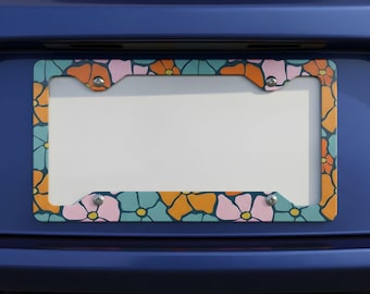 Marco de matrícula floral retro para mujer, soporte para placa de coche estilo bohemio, accesorio vintage con flores, bonito y colorido regalo de decoración para el coche.