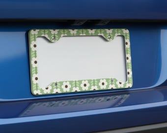 Marco de matrícula floral retro, soporte para placa de coche con margaritas verdes, accesorio vintage con flores, bonito regalo para ella, talla estadounidense.