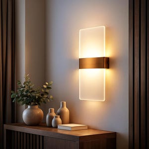 K&ouml;nnte beinhalten: Moderne Wandleuchte mit rechteckiger, mattierter Glasscheibe und einem horizontalen Band in Bronzefarbe. Die Leuchte ist an einer hellen Wand angebracht und erzeugt ein warmes Licht. Eine Holzkonsole mit dekorativen Vasen und einem Buch befindet sich im Vordergrund.