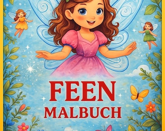 May include: A children's book cover featuring a cartoon fairy with brown hair, blue eyes, and a pink dress. The title "FEEN MALBUCH" is displayed in red. The background is a blue sky with fairies, butterflies, flowers, and mushrooms.