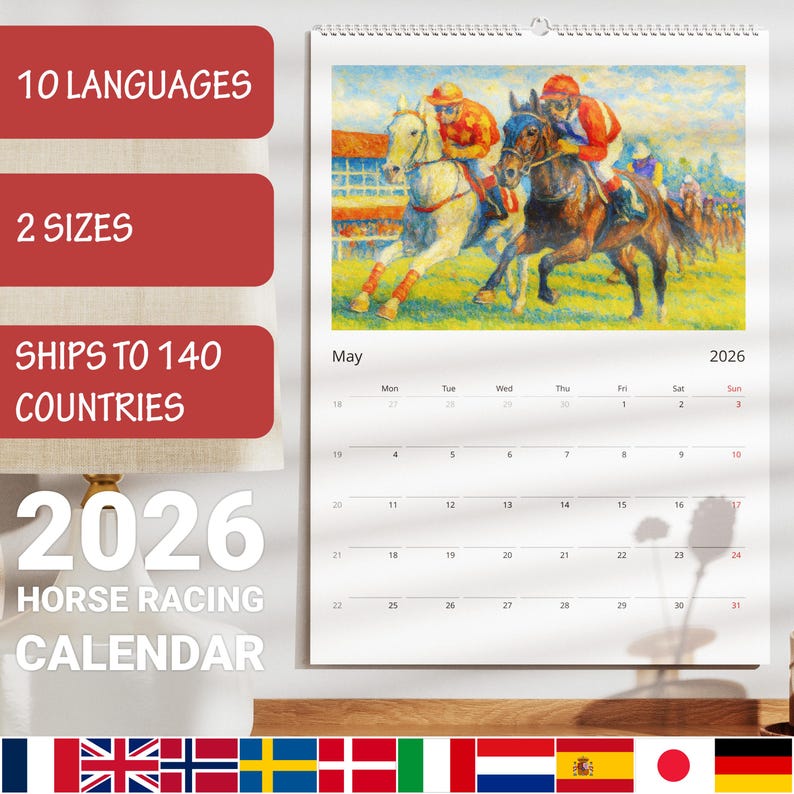 2026 Horse Racing Wall Calendar – Colorful Art – A3/A4 – 10 Languages