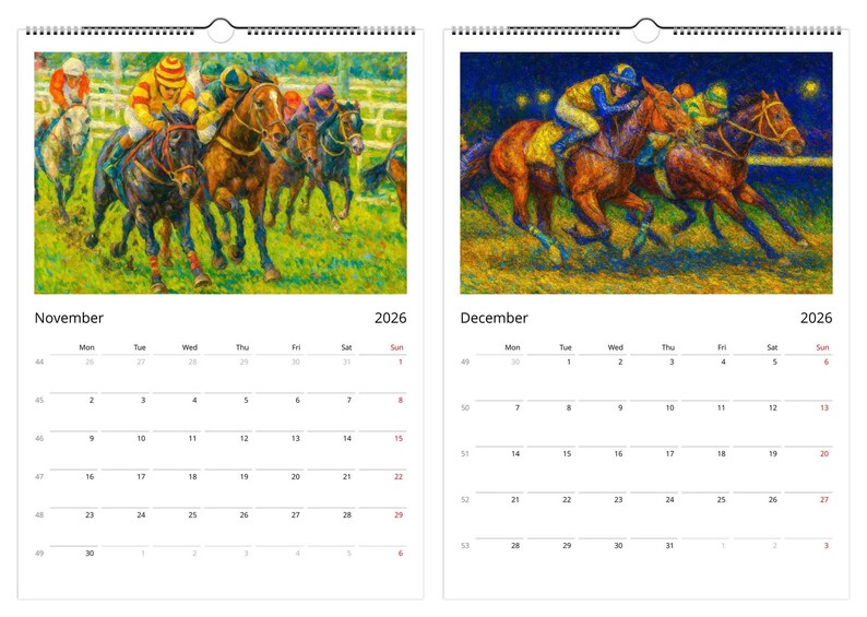 2026 Horse Racing Wall Calendar – Colorful Art – A3/A4 – 10 Languages