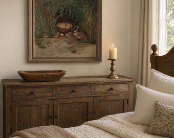 Original Quail & Chics Oil Painting - Large 28x34 Hand-Painted Wildlife Art - Rustic Farmhouse Decor - Muted Neutral Earth Tones Canvas