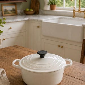 May include: A white enameled cast iron round Dutch oven with two side handles and a matching lid featuring a black phenolic knob. The lid is embossed with the Le Creuset brand name. The pot has a smooth, glossy finish and a clean, minimalist design.