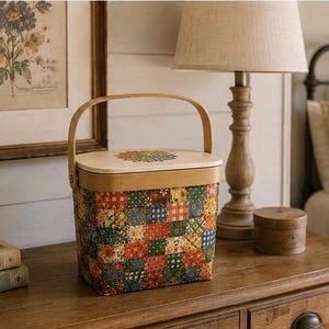 May include: A rectangular basket with a light wood lid and a matching swing handle. The exterior features a colorful patchwork pattern of small squares in shades of red, green, blue, and yellow. A floral design is centered on the lid.