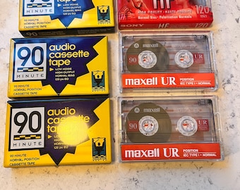 Vintage Sealed Blank Cassette Tapes Lot of 6 – Sony HF 120, Maxell UR 90, Conductor 90 – 4 are Factory Wrapped Audio Media