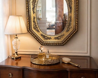 Antique Gold Octagonal Mirror - Ornate French Provincial Vanity Decor - Large 32” Resin Wall Hanging - Glam Hollywood Regency Gallery Wall