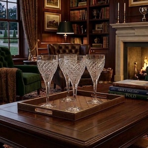 May include: Three clear crystal wine glasses with a diamond-cut pattern on the bowls, standing on a rectangular brown leather serving tray with a quilted base. The glasses feature slender stems and circular bases, arranged on a wooden table.