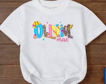 Personalized Softball Name Baby Bubble Romper, Custom Girl Sports Outfit