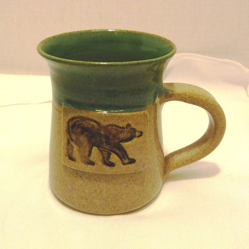 Handmade Signed Studio Pottery Mug With Etched Carving of a Bear Handmade Signed Studio Pottery Mug With Etched Carving of a Bear