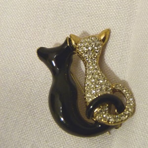 Cute Pair Kitty Cat Pals Black Enamel & Rhinestone Gold-tone Brooch Pin Mother&#39;s Day Gift