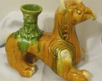 Vintage Rare Large Sancai Glaze QILIN Statue Chinese Mythical Unicorn Horned Creature - Gryphon