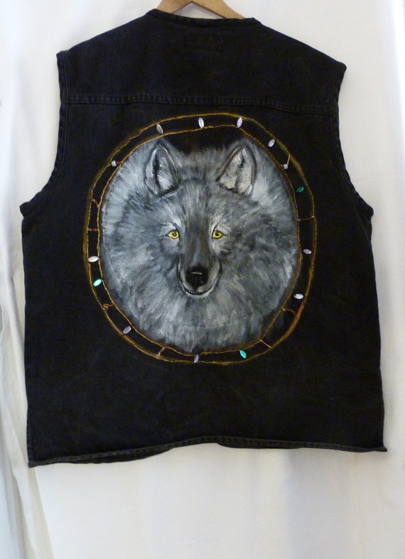 Custom-made One-of-a Kind Denim Jacket Vest With Original Custom Wolf Painting by N. C. Artist Size L / XL