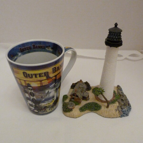 Lighthouse Collection 2 Pieces: N.C. Outer Banks Porcelain Mug & Harbor Lights 2001 Limited Edition Sculpture of Cape Florida Lighthouse