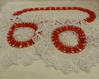 Set of 3 Hand Made Crochet Doilies Table Decorations Red and White Oval & Round Display Center Pieces