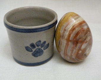 Miniature Signed 2005 Salt Glazed Pottery Crock With Paw Print PLUS Lovely Marble Stone Egg