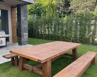 Handmade Solid Wood Dining Table & Bench - Rustic Charm