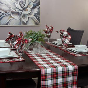 Dress Stewart Tartan Table Runner for Christmas Décor, Red and White Plaid Holiday Mantle Runner, Christmas Table Arrangement