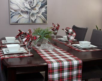 Dress Stewart Tartan Table Runner, Red White Plaid Holiday Mantle Arrangement