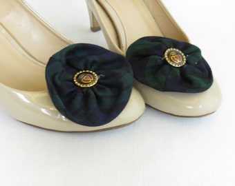 Clip de chaussure en tartan Black Watch, fleur de chaussure de montre noire, décoration de chaussure à carreaux militaire, accessoire de clip de chaussure à carreaux, clip de chaussure de mariage écossais
